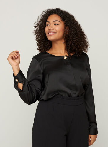 Skjortebluse med rund halsudskæring, Black, Model image number 0