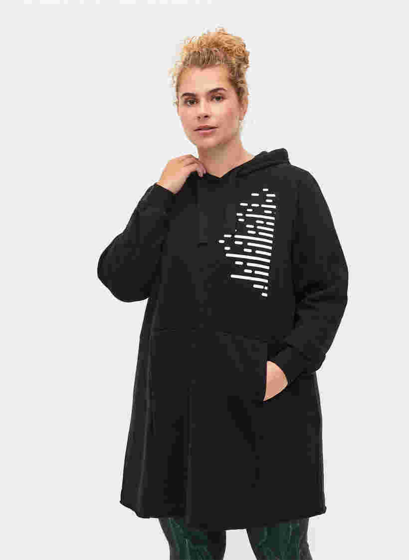 Lang sweatshirt med hætte og lommer, Black, Model