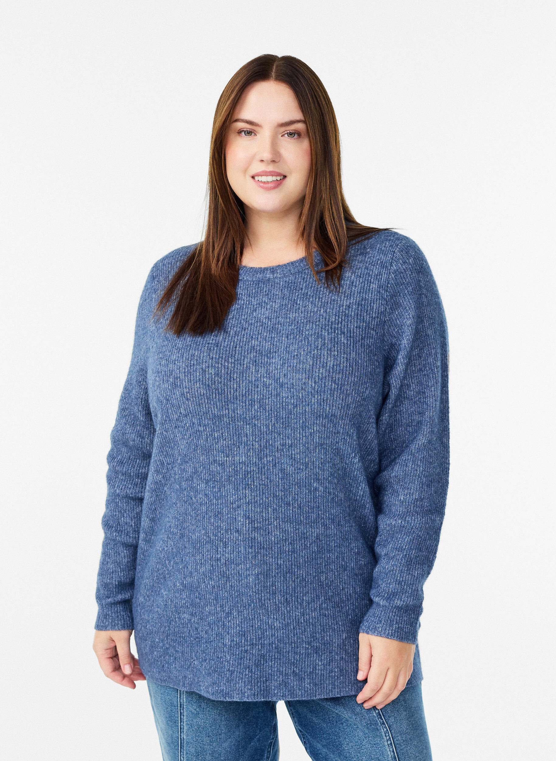 Meleret strikbluse med rund hals, Bl&aring;, Model