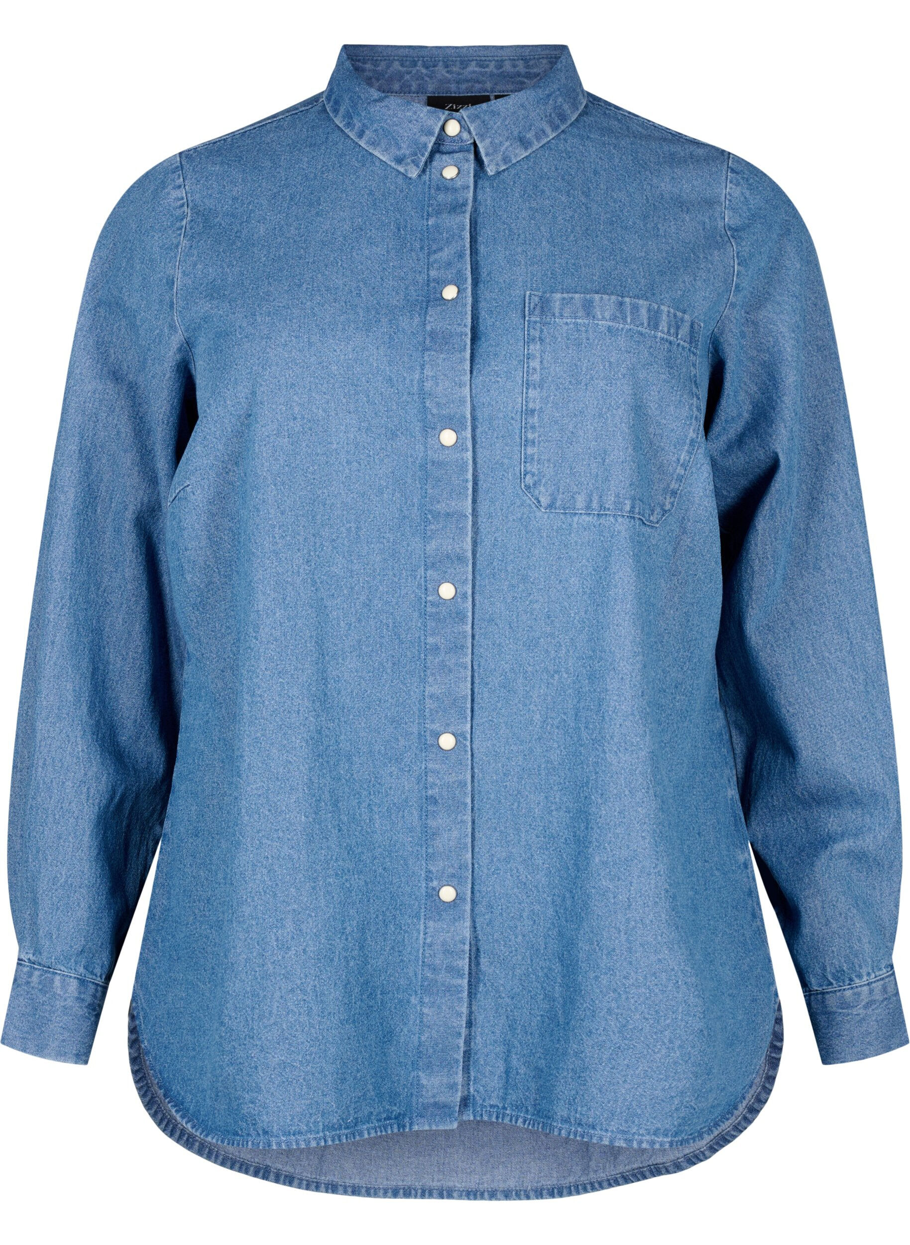 Zizzi Lang&aelig;rmet denimskjorte med brystlomme, Light Blue Denim, Packshot image number 0
