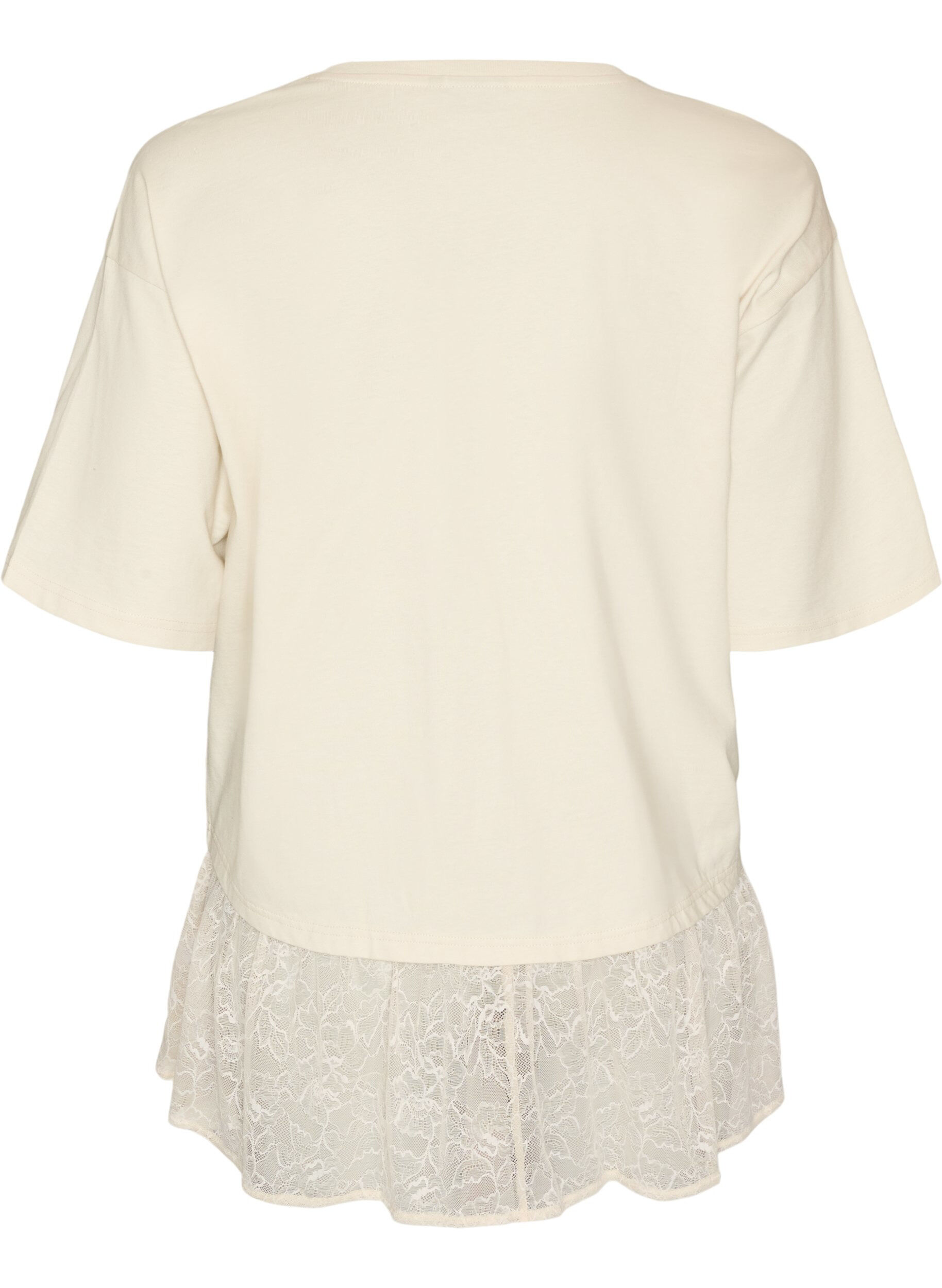 ZizziL&oslash;s t-shirt med bred blondekant, Beige, Packshot image number 1