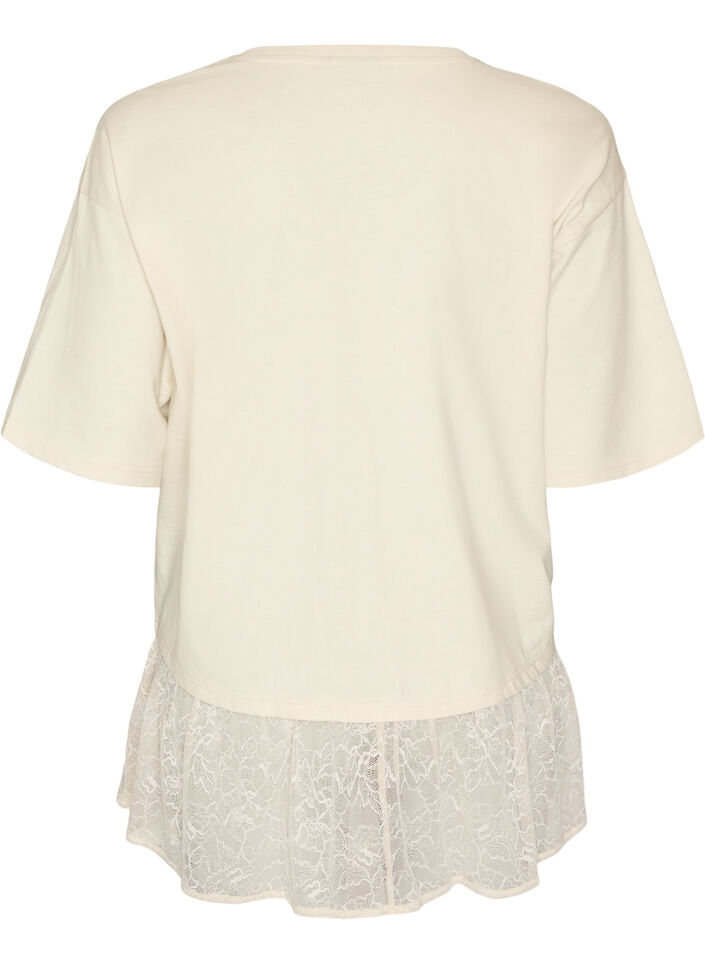 L&oslash;s t-shirt med bred blondekant, Beige, Packshot image number 1