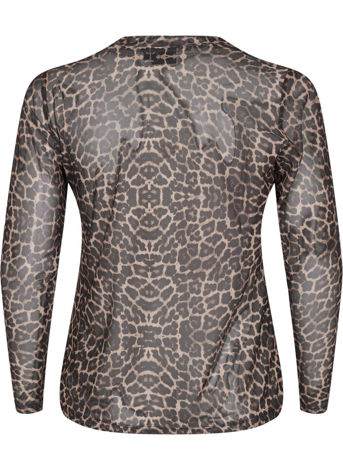 Mesh bluse med leopard mønster, Brun, Packshot image number 1