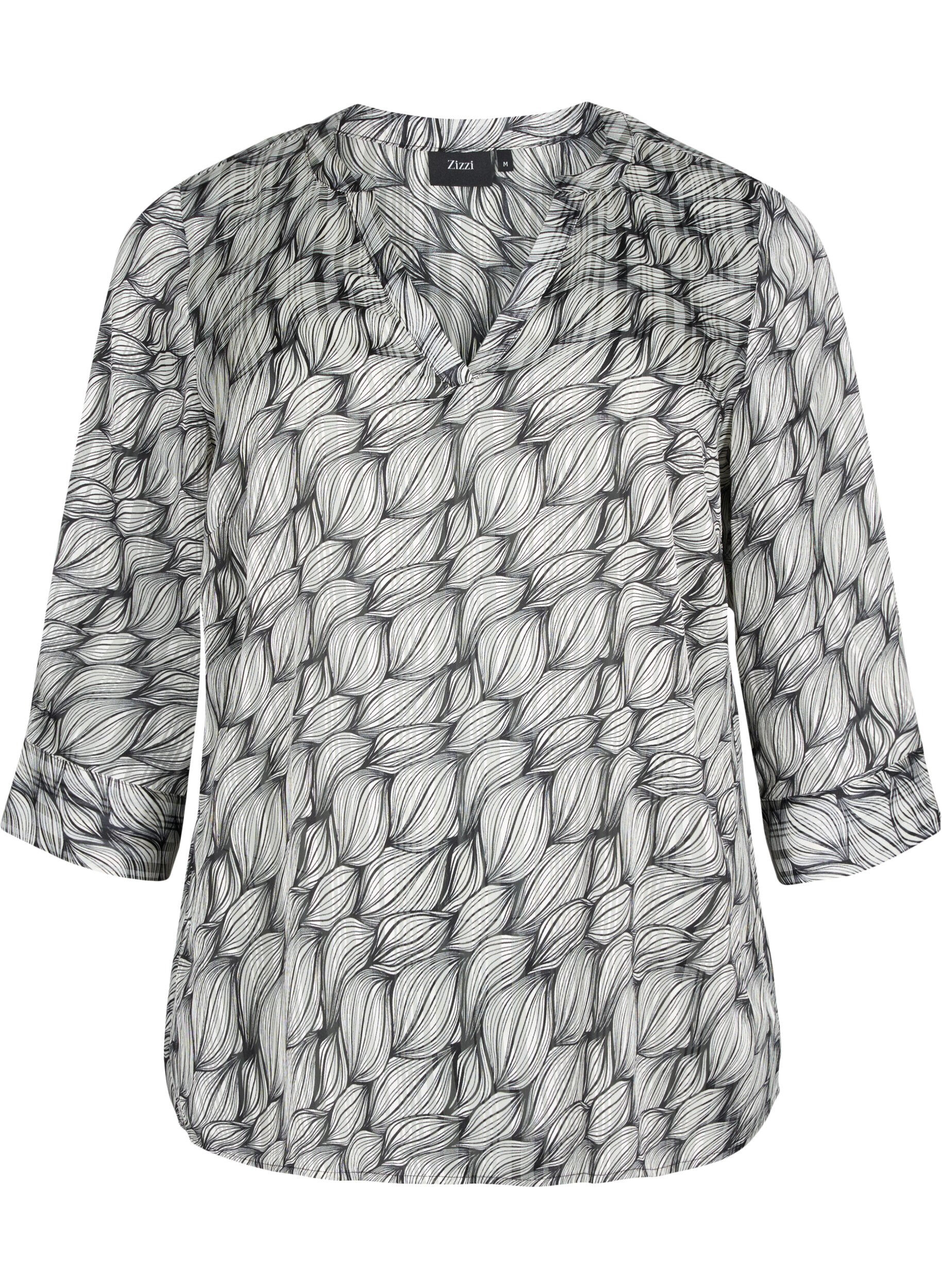 Zizzi Bluse med print og 3/4 &aelig;rmer , Black White Leaf, Packshot image number 0