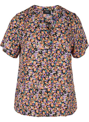 Printet bluse med korte ærmer, Black Flower AOP, Packshot image number 0