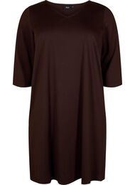 Ensfarvet kjole med v-hals og 3/4 ærmer, Coffee Bean