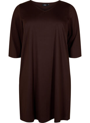 Ensfarvet kjole med v-hals og 3/4 ærmer, Coffee Bean, Packshot image number 0