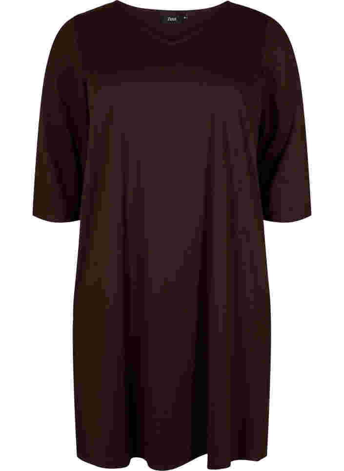 Ensfarvet kjole med v-hals og 3/4 ærmer, Coffee Bean, Packshot image number 0