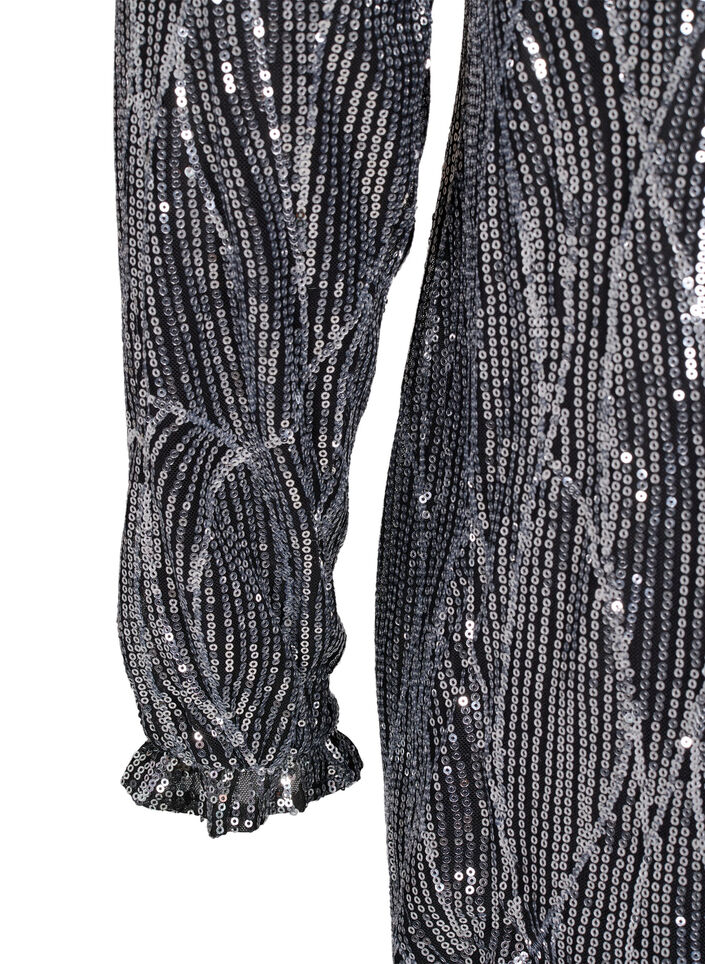 Langærmet pailletkjole med mønster, Silver Sequins, Packshot image number 3