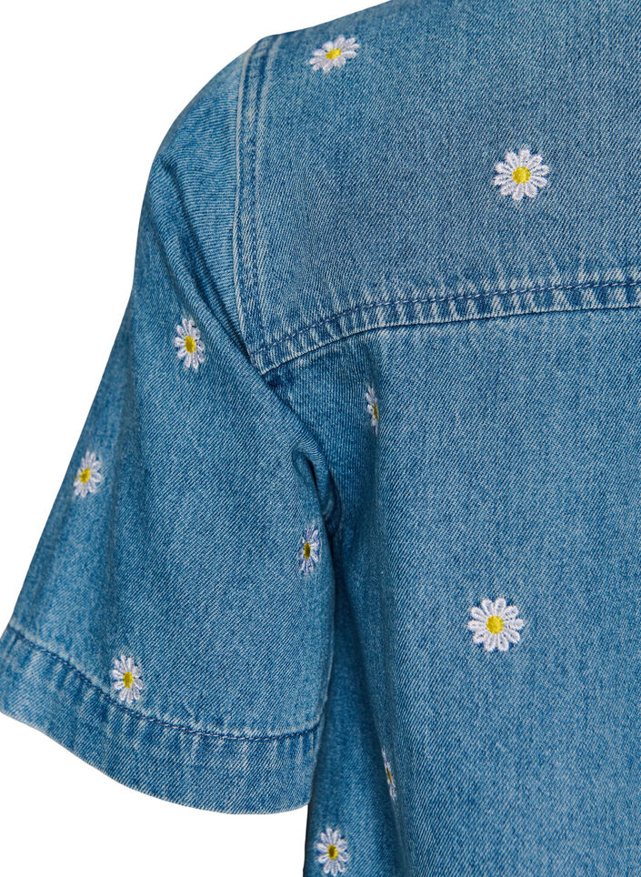 Kort denimkjole med broderede blomster, Bl&aring;, Packshot image number 3