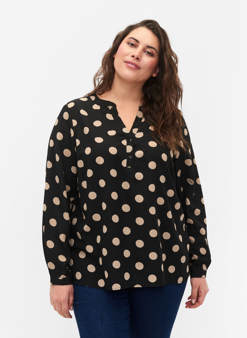 FLASH - Langærmet bluse med print, Black Brown Dot, Model image number 0