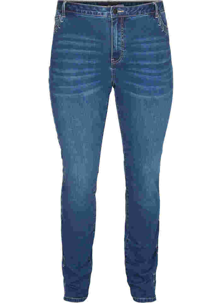 Nille jeans med høj talje og broderi, Blue denim, Packshot image number 0