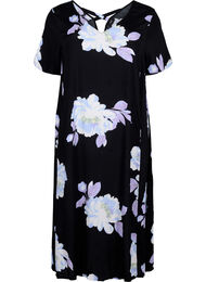 Blomstret kjole med korte ærmer i viskose, Black Big Flower AOP