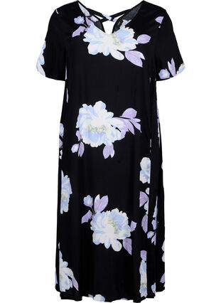 Blomstret kjole med korte ærmer i viskose, Black Big Flower AOP, Packshot image number 0