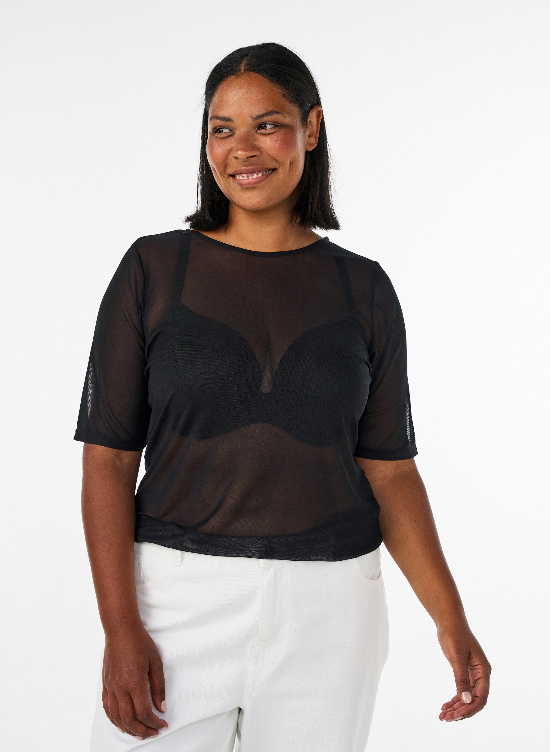 Meshbluse med korte &aelig;rmer og rund hals, Sort, Model