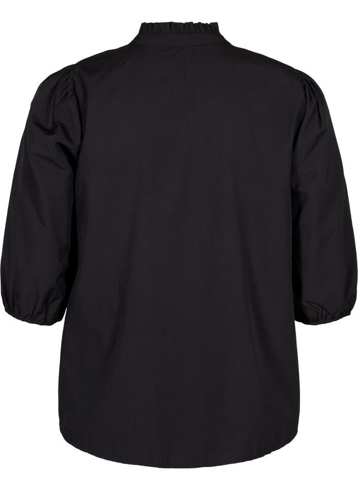 Skjortebluse med broderede blomster og 3/4 ærmer, Black W. Beige Emb. , Packshot image number 1