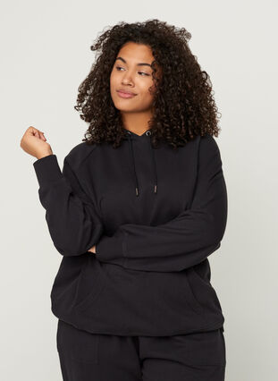 Bomulds sweatshirt med hætte og lomme, Black, Model image number 0