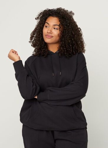 Bomulds sweatshirt med hætte og lomme, Black, Model image number 0