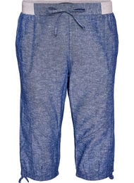 Capribukser i bomuld og h&oslash;r med elastisk talje og bindeb&aring;nd, Bl&aring;