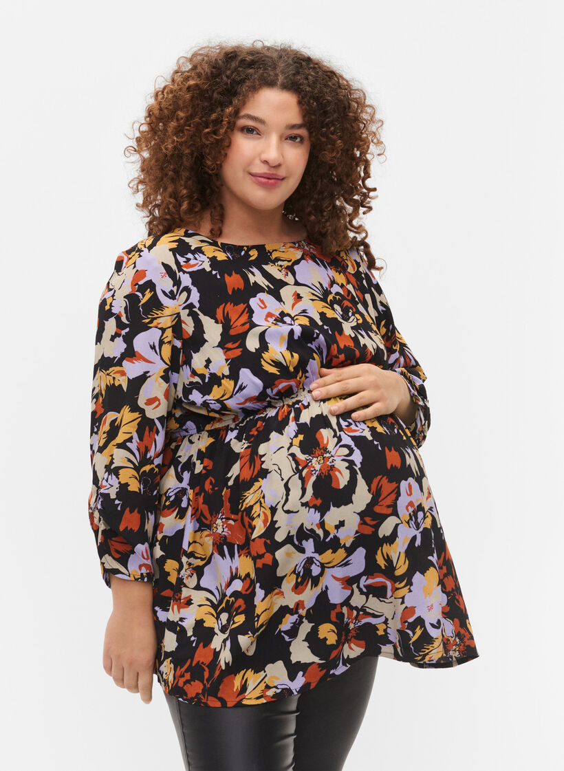 Graviditets bluse i viskose med blomsterprint, Black Flower AOP, Model image number 0