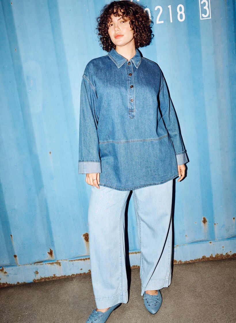 Denim joggers med brede ben og h&oslash;j talje, Bl&aring;, Image image number 0