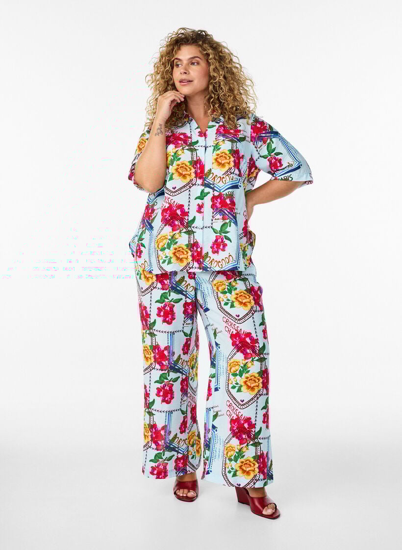 Bukser med lige ben og farverigt print, Bl&aring;, Model image number 0