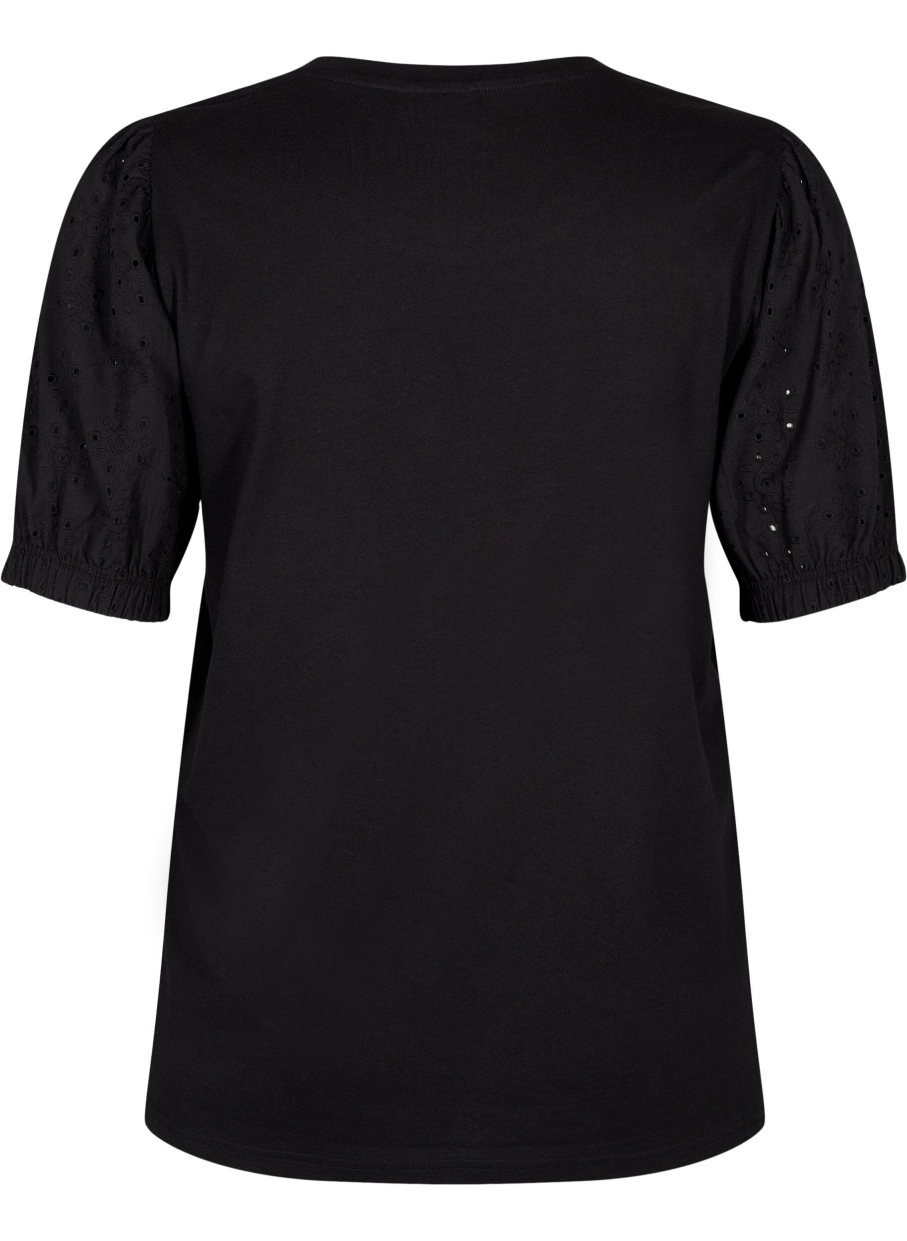 Zizzi &Oslash;kologisk bomuldsbluse med broderi anglaise &aelig;rmer, Black, Packshot image number 1