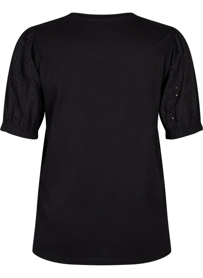 Økologisk bomuldsbluse med broderi anglaise ærmer, Black, Packshot image number 1