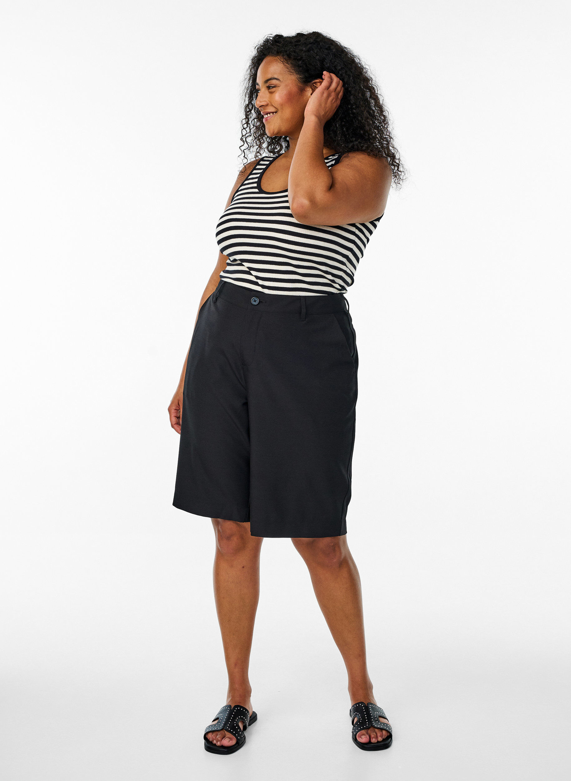 Zizzi Stribet tanktop med ribstruktur, Sort, Model image number 1