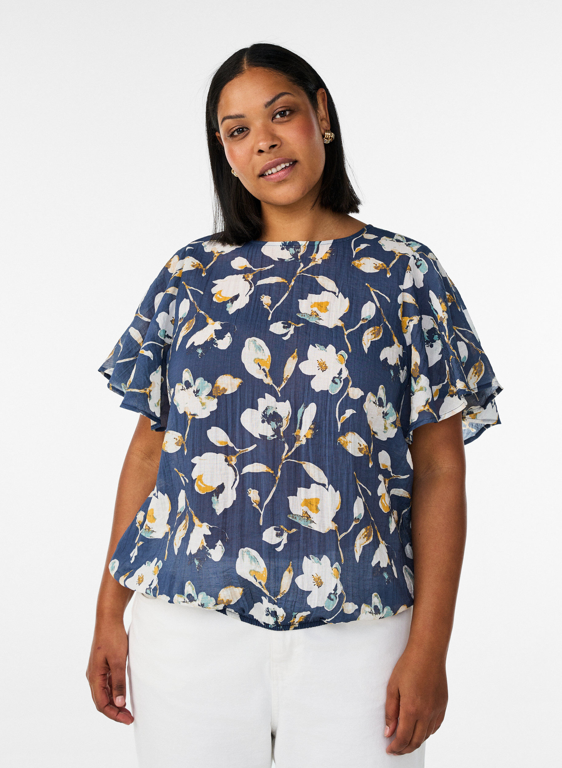 ZizziBluse med ballonform og vinge&aelig;rmer, Bl&aring;, Model image number 0