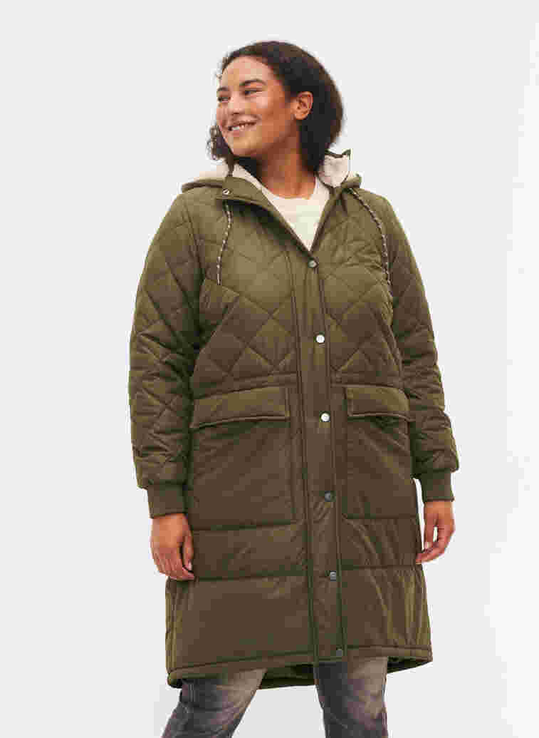 Quiltet jakke med hætte og justerbar talje, Forest Night, Model image number 0