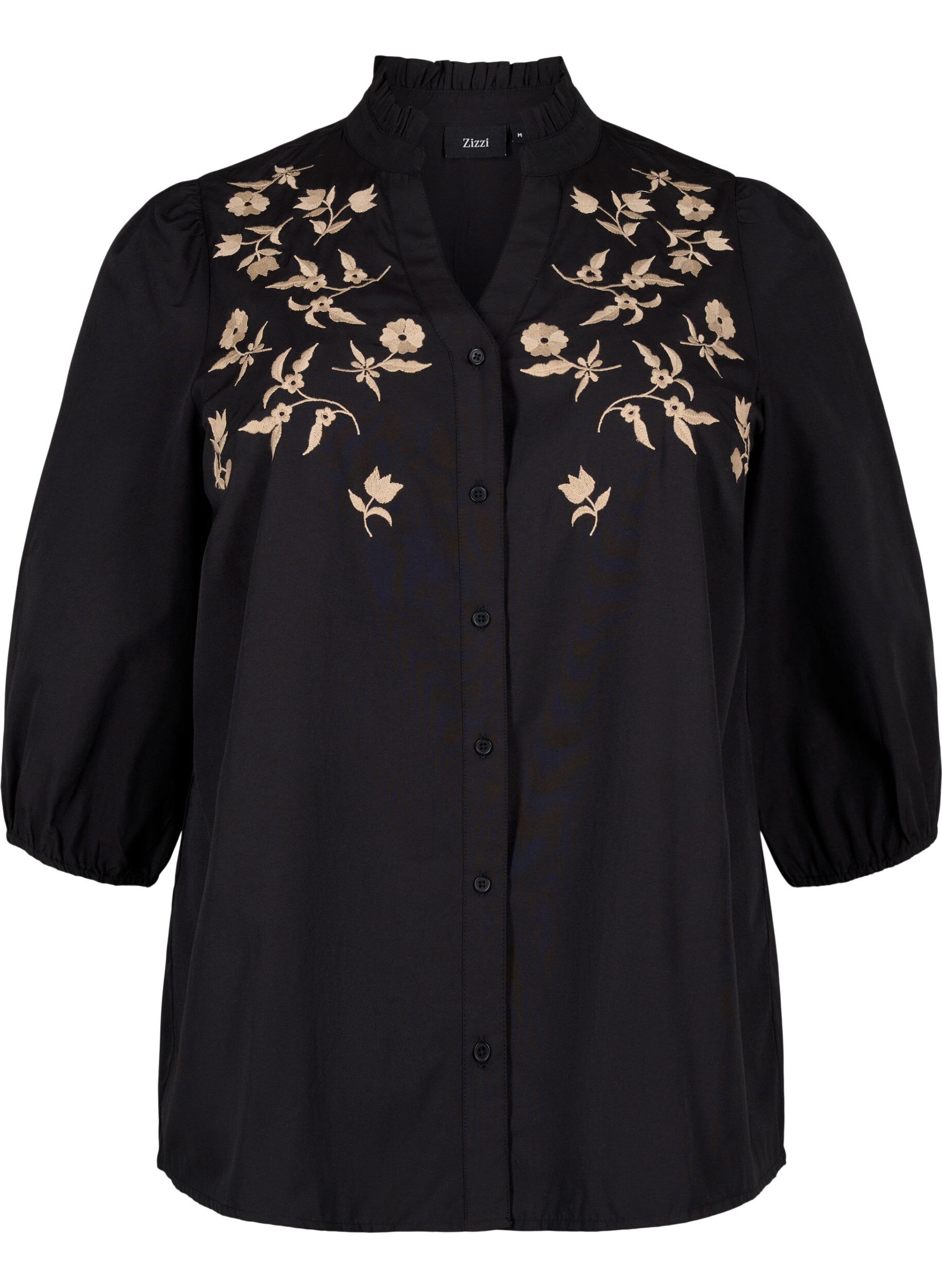 Zizzi Skjortebluse med broderede blomster og 3/4 &aelig;rmer, Black W. Beige Emb. , Packshot image number 0