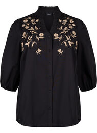 Skjortebluse med broderede blomster og 3/4 ærmer, Black W. Beige Emb. 