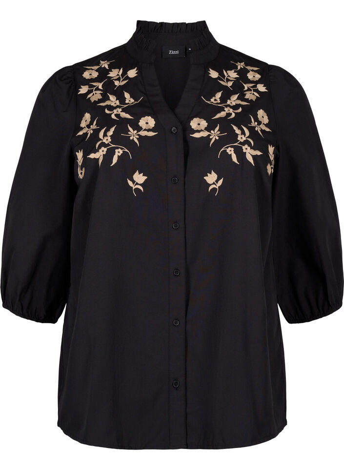 Skjortebluse med broderede blomster og 3/4 ærmer, Black W. Beige Emb. , Packshot image number 0