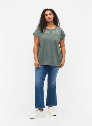 Bomulds t-shirt med blad print, Balsam Green Leaf, Model image number 2