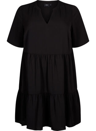 Kortærmet kjole med a-snit og skæringer, Black, Packshot image number 0