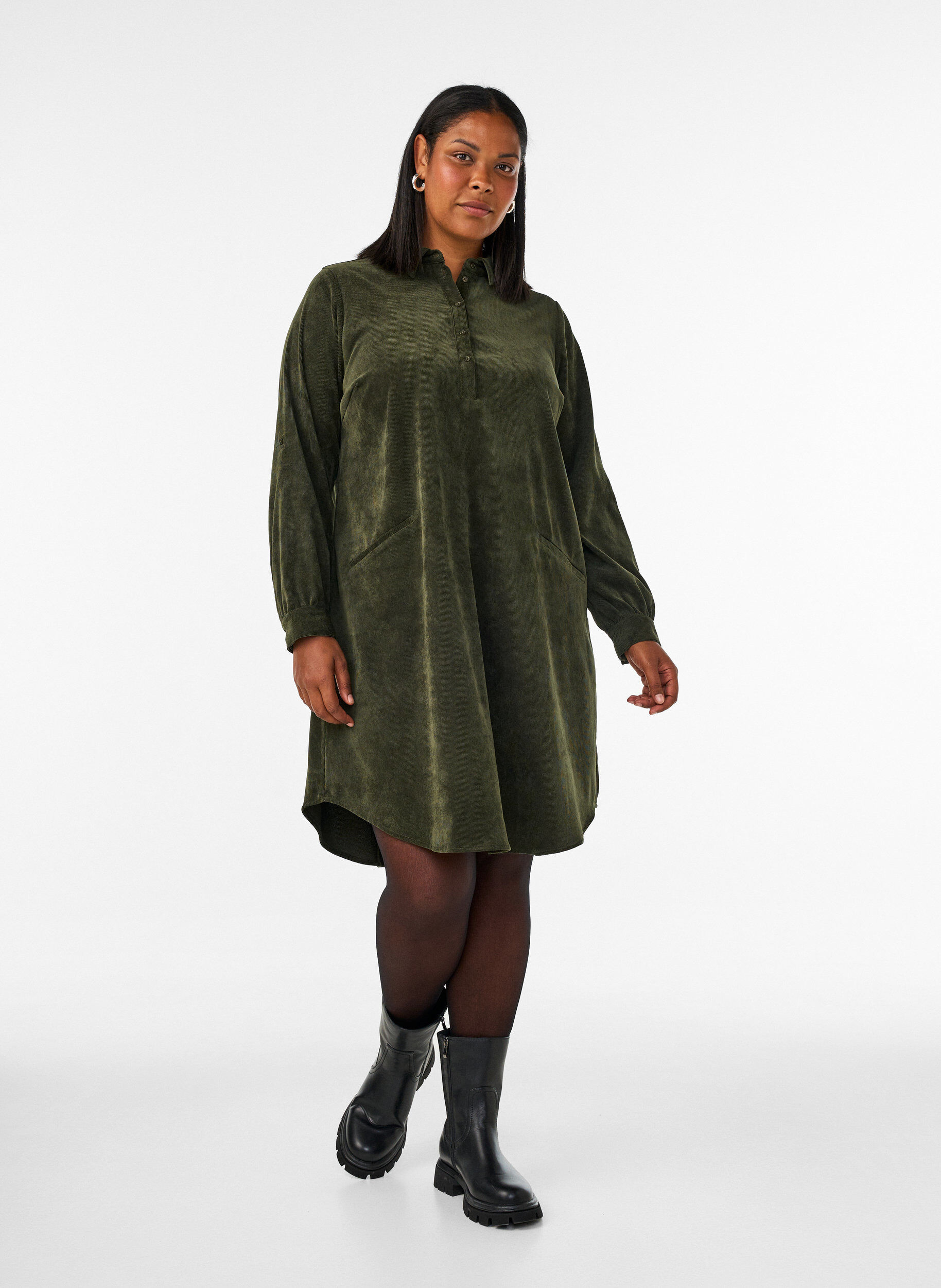ZizziFl&oslash;jls skjortekjole med krave og knaplukning, Gr&oslash;n, Model image number 1