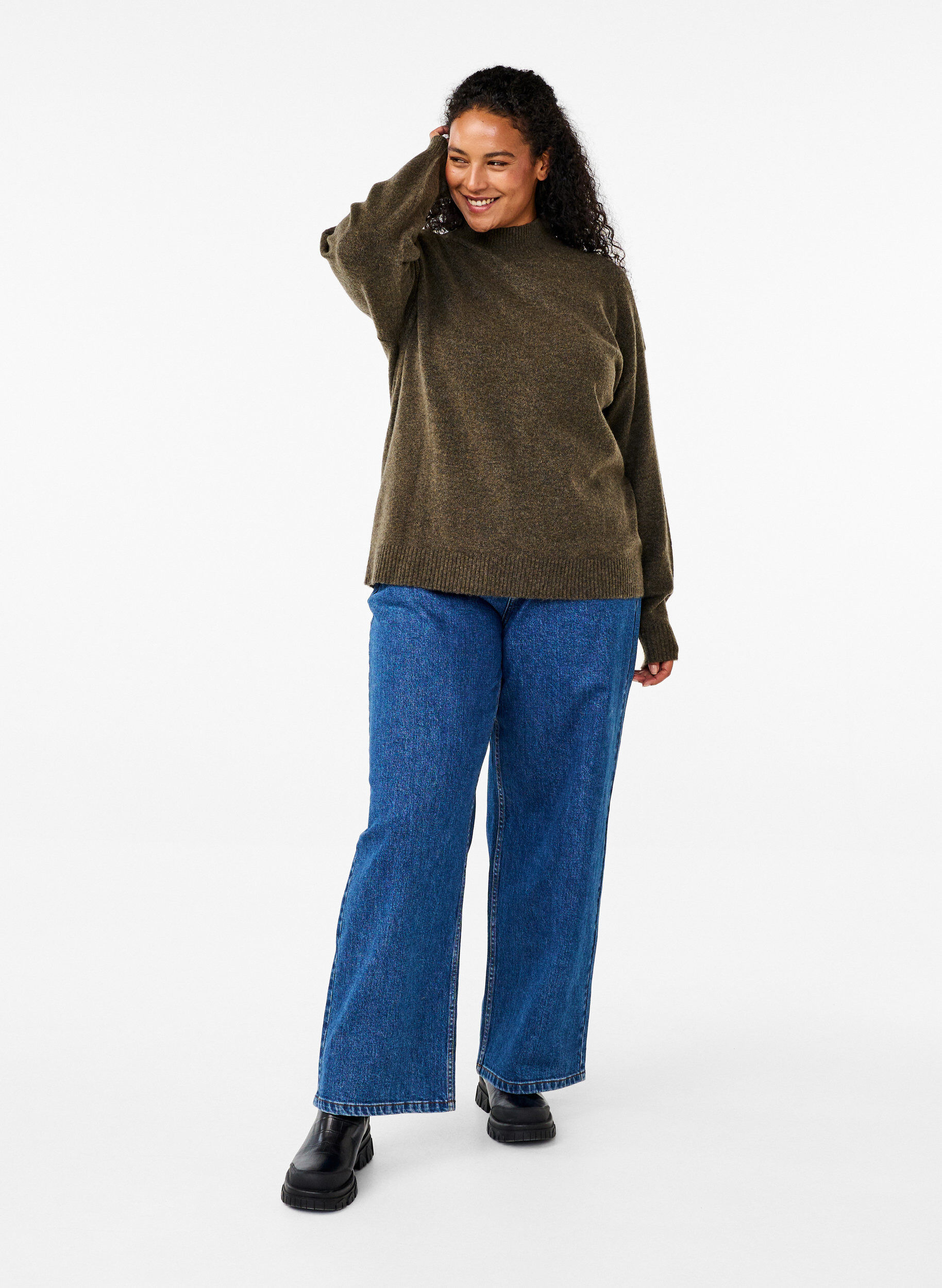 Zizzi Strikbluse med uld og h&oslash;j hals, Sea Turtle Mel., Model image number 2