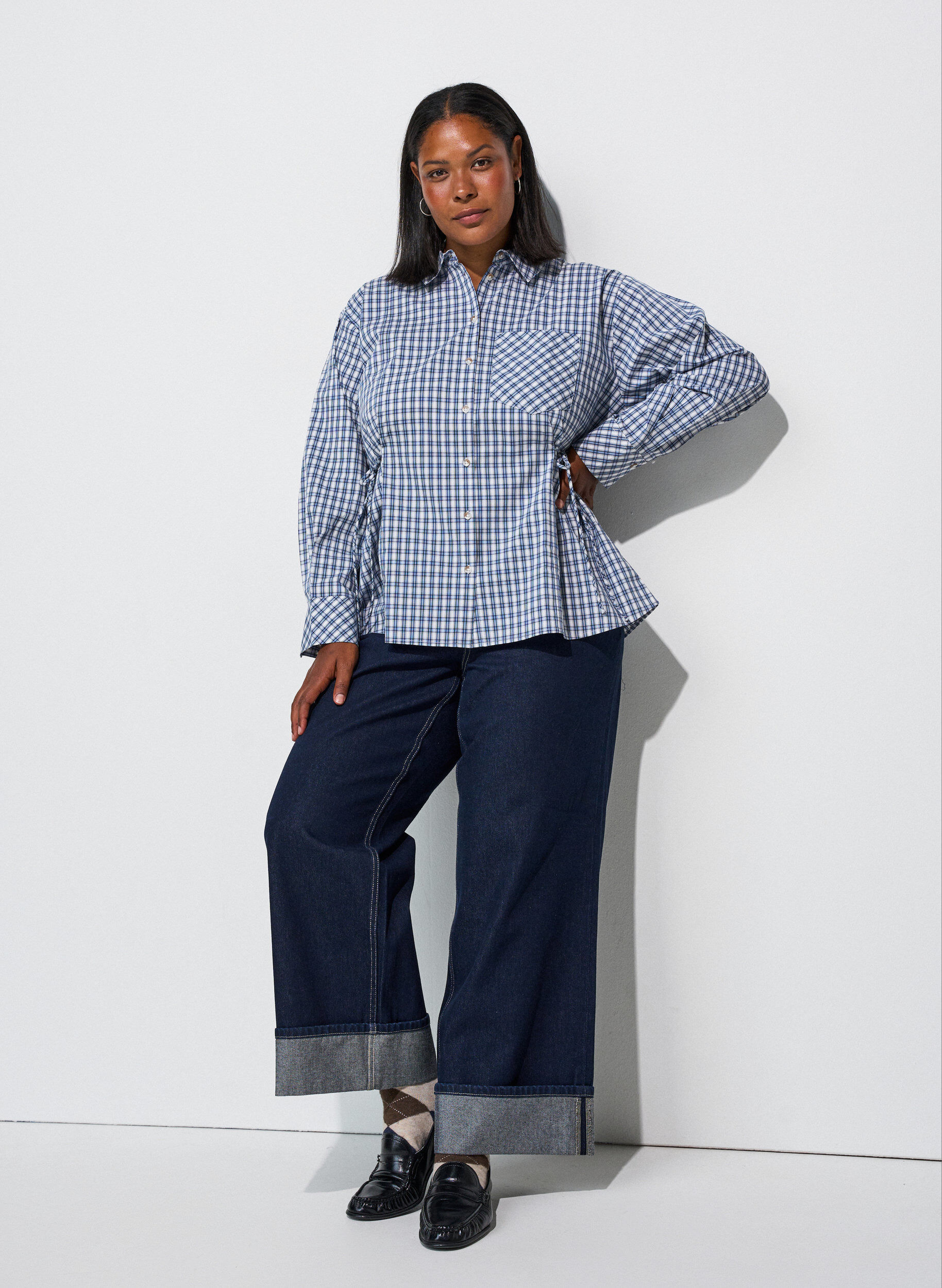 ZizziL&oslash;s skjorte med tern og bindeb&aring;nd, Bl&aring;, Model image number 1