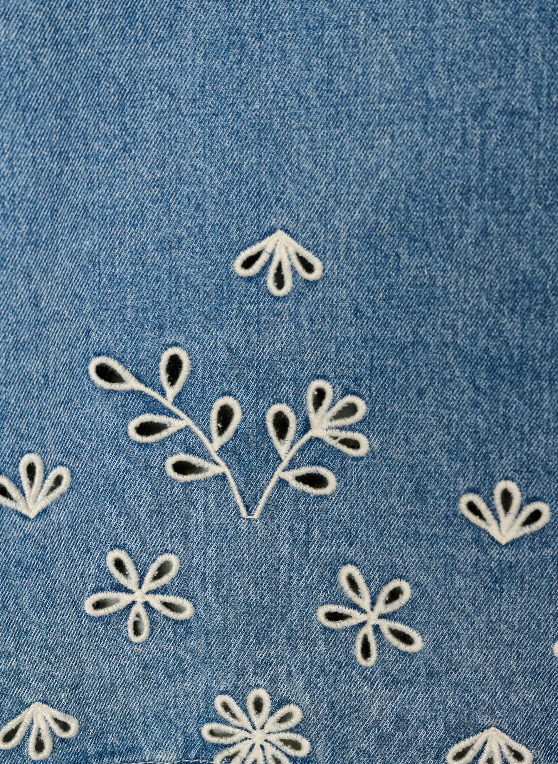 Zizzi Kort&aelig;rmet denimbluse med broderie anglaise, Bl&aring;, Packshot image number 3