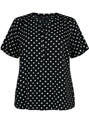 Bluse med korte ærmer og v-udskæring , Black w. Dots, Packshot image number 0