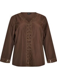 Skjortebluse med broderie anglaise, Brun