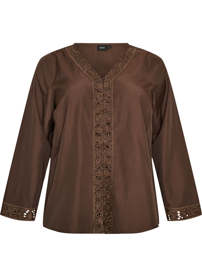 Skjortebluse med broderie anglaise, Brun, Packshot image number 0