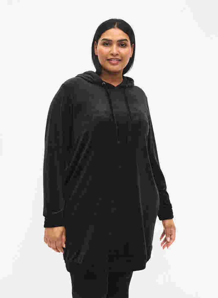 Velour sweatkjole med hætte, Black, Model image number 0