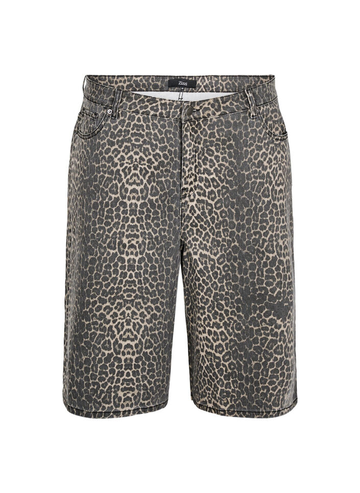 Leopardm&oslash;nstrede bermudashorts i denim, Brun, Packshot image number 0