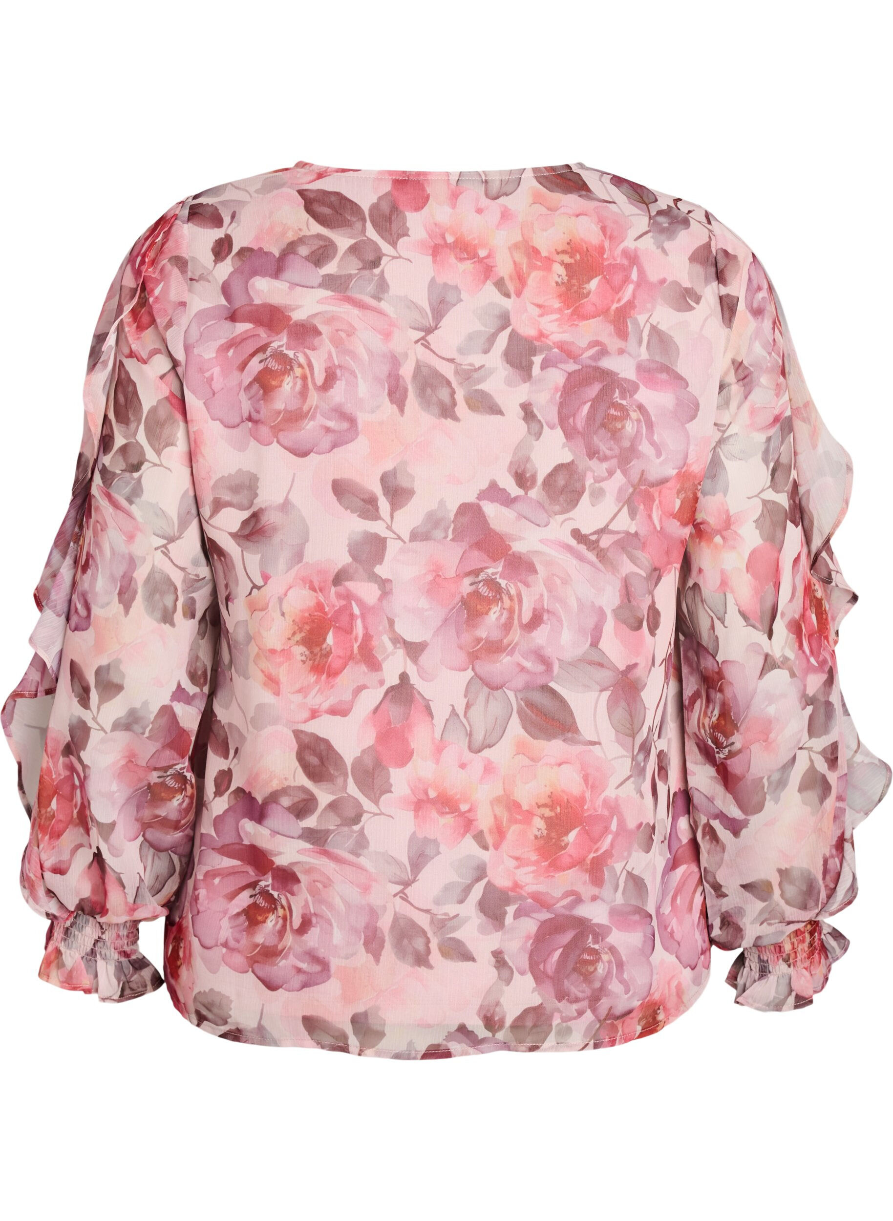 Zizzi Blomstret bluse med V-udsk&aelig;ring og fl&aelig;se&aelig;rmer, Lyser&oslash;d, Packshot image number 1