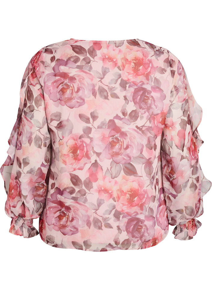 Blomstret bluse med V-udsk&aelig;ring og fl&aelig;se&aelig;rmer, Lyser&oslash;d, Packshot image number 1