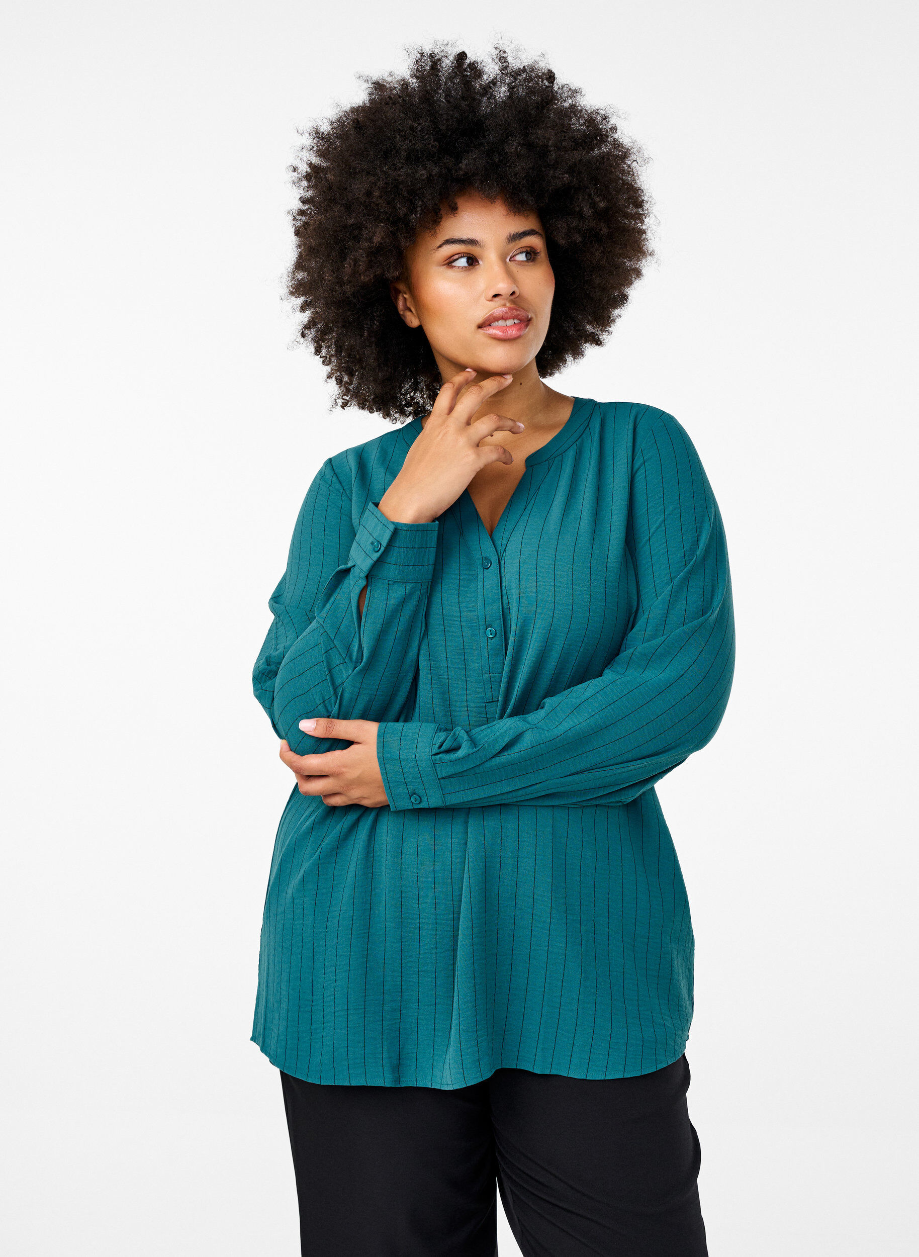 ZizziN&aring;lestribet skjortebluse, Gr&oslash;n, Model image number 0