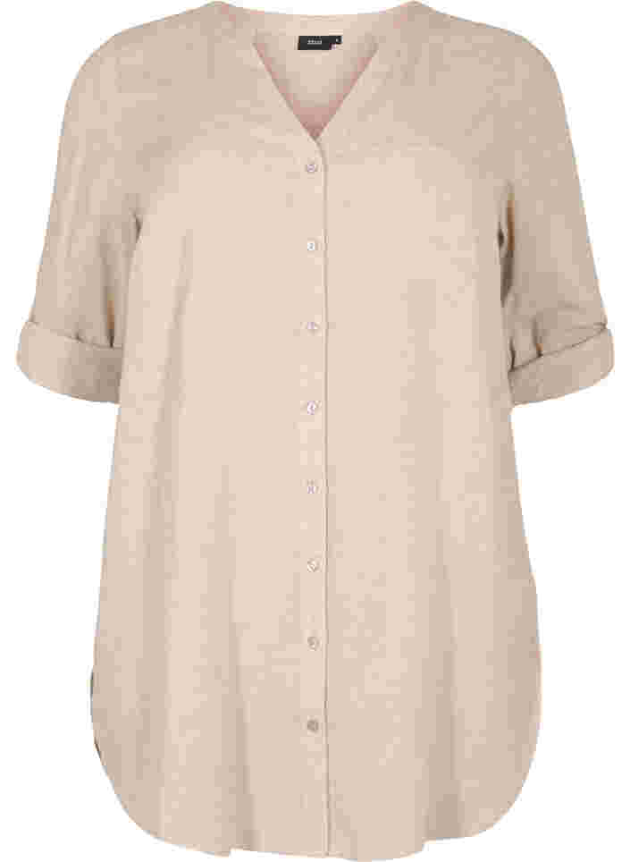 Lang skjorte med 3/4 ærmer og v-udskæring, Simply Taupe, Packshot image number 0