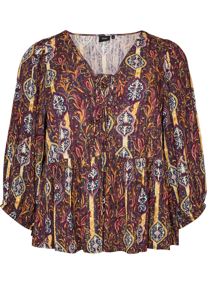 Bluse med paisleyprint og sn&oslash;redetalje, Lilla, Packshot image number 0